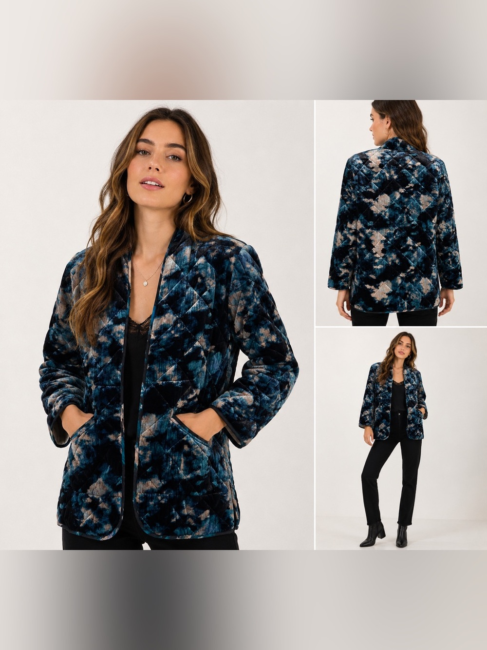 Johnny Was Shadow Velvet Quilted Jacket XS Blue Tie Dye Silk Blend Boho Luxe NWT